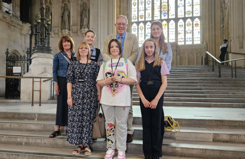 The photograph shows John meeting with the Billericay Youth Town Councillors [Freya Ramsay, George Wood, Emily Jackson-Bridge, Stacie-Louise King, Town Cllr Jo Clark and Town Clerk Deborah Tonkiss] in Westminster Hall 